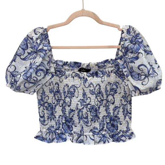 LULUS Fresh Favorite White Floral Print Eyelet Top Size M NEW Smocked - Picture 1 of 10